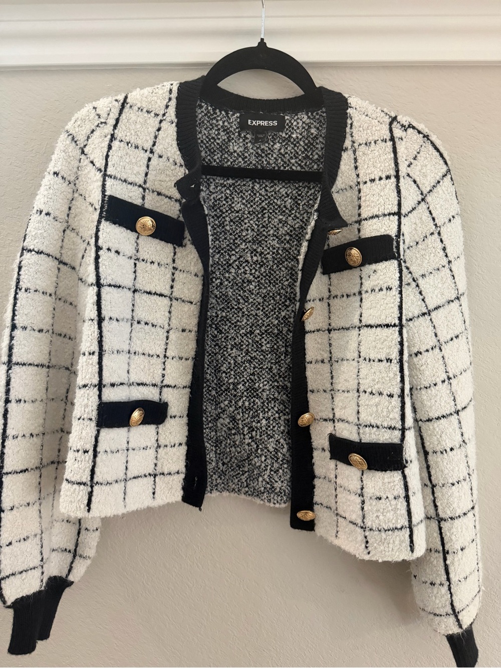 Express Black & White Windowpane Tweed Blazer with Gold Buttons - Picture 3 of 5